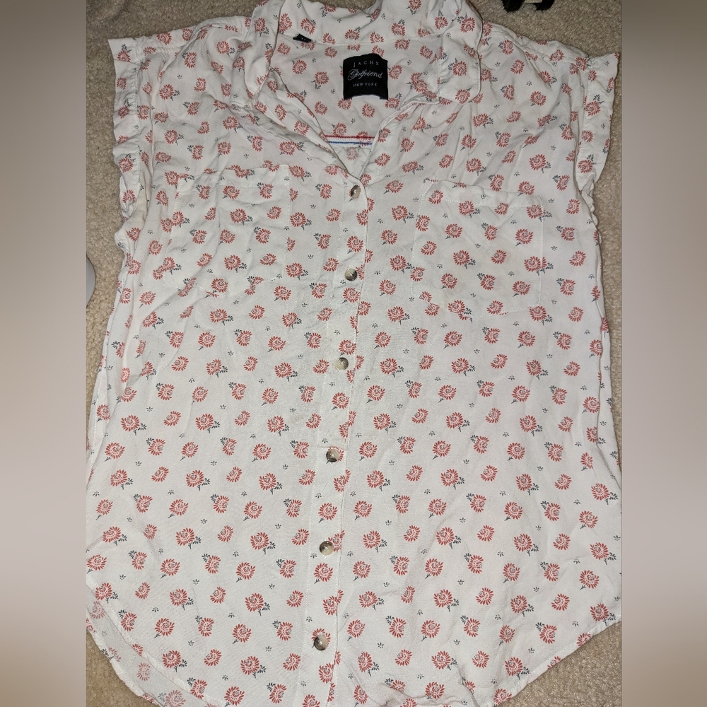 JACHS Girlfriend White and Pink Floral Shirt Size Medium